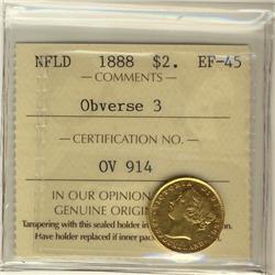 Nfld Gold 1888 $2 Obv 3 Gold ICCS EF45.