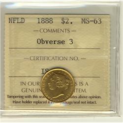 Nfld Gold 1888 Nfld Obv 3 ICCS MS63. Lustrous.