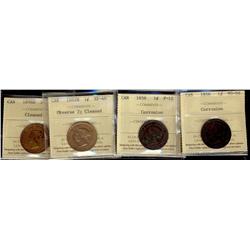 1858 1¢ VG10, F12, 1882H EF40 & 1898H 1¢ VF30.  Lot of 4 ICCS coins all designated with problems.