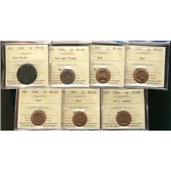 1858 1¢ VF30, 1944 MS62RB, 1957, 1958, 1960, 1961 MS63RD & 1961 1¢ PL64 Cameo.  Lot of 7 coins all I