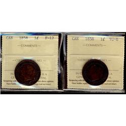 1858 1¢ VG8 & F12.  Lot of 2 ICCS graded coins.