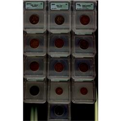 1859-1932 ICG graded 1¢.  Lot of 13 cents 1859 Nar 9 VG8, F12, 1876H VG10, 1907 AU55, 1912, 1913 AU5