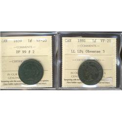 1859 1¢ DP N9 #2 & 1891 LL LD Obv 3 ICCS VF20.  Lot of 2 coins.