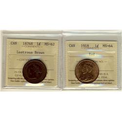 1876H MS62 & 1918 1¢ MS64RD.  Lot of 2 nice coins both ICCS graded.