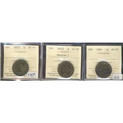 1881H, 1882H Obv 1 & 1894 1¢ ICCS AU55.  Lot of 3 coins.