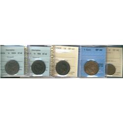1882H, 1884 Obv 2, 1890H, 1898H & 1922 1¢ EF40.  Lot of 5 coins all ICCS or CCCS graded.