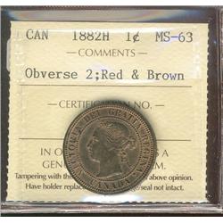 1882H 1¢ Obv 2 ICCS MS63 RB. Nice lustorus example.