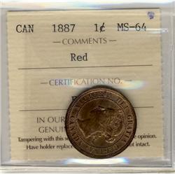 1887 1¢ ICCS MS64RD.  Lustrous and red 80%.