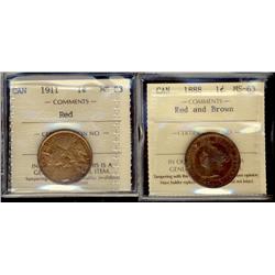 1888 1¢ & 1911 1¢ ICCS MS63 RB & RD respectively.  Lot of 2 coins.