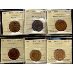 1888 repunch 8, 1910 AU50, 1891 LLLD EF40, 1899 MS60, 1906 EF40 & 1910 1¢ AU55.  Lot of 6 ICCS grade