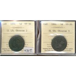 1891 1¢ LL LD Obv 2 & SL SD Obv 3 ICCS VF30.  Lot of 2 coins.