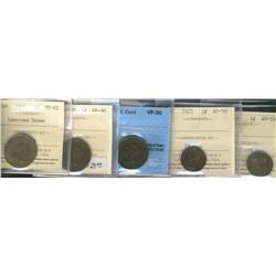 1898H, 1884 14 VF30, 1910 MS62, 1925 AU50 & 1926 1¢ AU55.  Lot of 5 coins all certified ICCS or CCCS