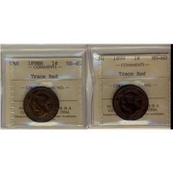 1898H & 1899 1¢ ICCS MS60 Trace Red. Lot of o2 coins.