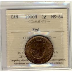 1900H 1¢ ICCS MS64RD. 70% red with attractive lustre.