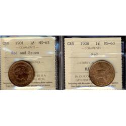 1901 & 1908 1¢ MS63 RB and Red.  Lot of 2 coins both with lustre.