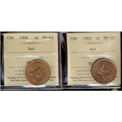 1902 & 1909 1¢ ICCS MS63RD.  Lot of 2 coins.