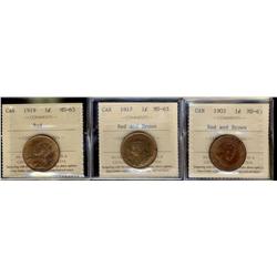 1903, 1917 & 1919 1¢ ICCS MS63.  Lot of 3 coins. 1903 & 1917 Red Brown and the 1919 designated Red.