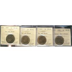 1905, 1917, 1918 & 1920 Lg 1¢ ICCS MS63RB. Lot of 4 ICCS coins.