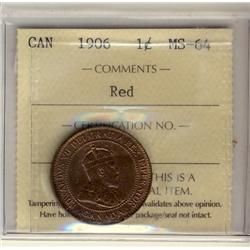 1906 1¢ ICCS MS64RD. 70% red and lustrous.