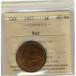 1907 1¢ ICCS MS64RD. 70% red with lustre.