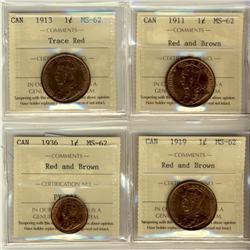 1911, 1913, 1919 & 1936 1¢ ICCS MS62RB.  Lot of 4 coins, 1913 designated trace red.