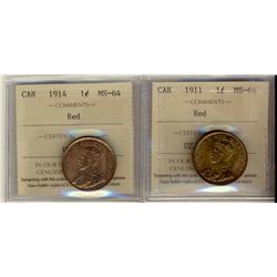 1911 & 1914 1¢.  Lot of 2 coins both ICCS MS64RD.  Both 60% red with lustre.