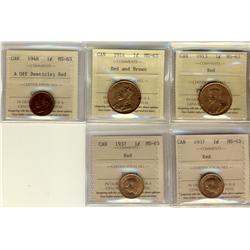 1913, 1914, 1948 A Off & 1937(2) 1¢ ICCS MS63RD.  Lot of 5 coins with 1914 designated RB but should 