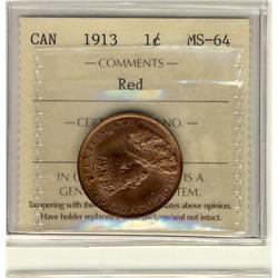 1913 1¢ ICCS MS64RD. 85% red and attractive.