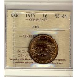 1915 1¢ ICCS MS64RD.  70% red lustrous.
