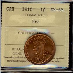 1916 1¢ ICCS MS65 RD.  Fully lustrous 95% red.