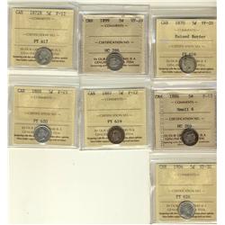 1870 RB, 1899 & 1904 5¢ ICCS VF30, 1872H, 1886 Sml 1887 F12 & 1888 5¢ F15.  Lot of 7 coins.