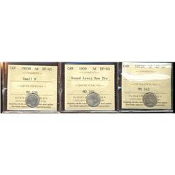 1872H & 1909 RL, Bow Tie EF40 & 1903H 5¢ Sml H EF45.  Lot of 3 ICCS graded coins.