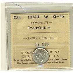 1874H Crss 5¢ ICCS EF45.  Extremely lustrous example.