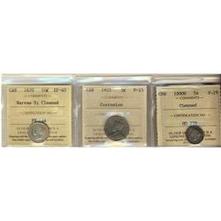 1890H F15, 1925 5¢ F15 & 1870 Nar 0 10¢ EF40.  Lot of 3 ICCS graded coins with problems designated.