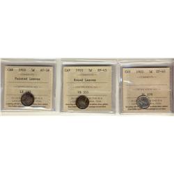 1903 EF40 & 1910 RL EF45 & Ptd Lvs 5¢ AU58.  Lot of 3 ICCS coins.