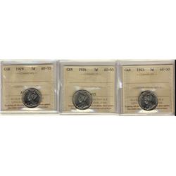 1923 AU50 & 1924, 1929 5¢ AU55.  Lot of 3 coins.