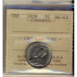 1924 5¢ ICCS MS63. Brilliant and lustrous.