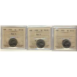 1925 F12, 1926 Far VG10 & 1926 Nr VF30 5¢.  Lot of 3 key date George V pcs all ICCS graded.
