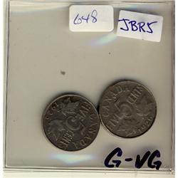 1925 & 1926 Far 5¢.  Lot of 2 key dat coins. G-VG.