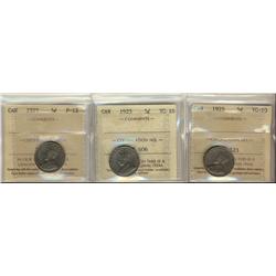 1925 5¢ ICCS VG10(2) & F12.  Lot of 3 key nickels.