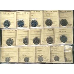 5¢ 1880H Obv 3 VF20 Clnd , 1889 F15 Rim nick, 1915 VF20 Clnd, 1896 VF20, 1915 F15, 1950 MS63, 1957,