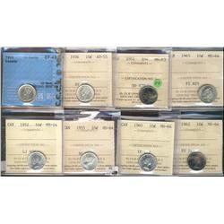 1920 EF45, 1936 AU55, 1951 MS63 & 1952, 1955, 1960, 1962 & 1965 MS64 10¢.  Lot of 8 coins all ICCS e