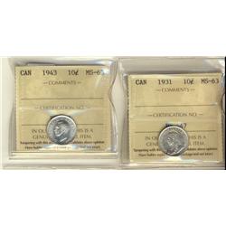 1931 & 1943 10¢ ICCS MS63.  Lot of 2 coins.
