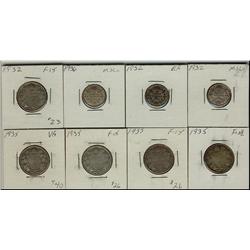 1932 10¢(2), 1936 10¢, 1932 25¢, & 1935 25¢(4).  Lot of 8 coins VG to EF.