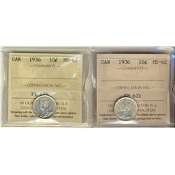 1936 10¢ ICCS MS62.  Lot of 2 coins.
