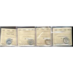 1937, 1940, 1943, 1947, 10¢ ICCS MS64  Lot of 4 coins