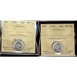 1938 10¢ AU58 & MS60.  Lot of 2 ICCS graded coins.