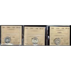1939, 1941 & 1943 10¢ ICCS MS63.  Lot of 3 coins, 1939 designated Cameo.