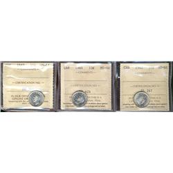 1942, 1944, 1947 10¢ ICCS MS64,   Lot of 3 coins,
