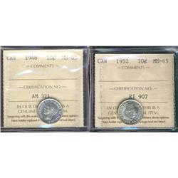 1946, 1952 10¢ ICCS MS65,  Lot of 2 coins
